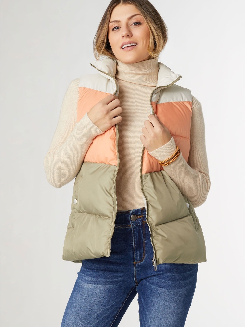 Coco + Carmen Jaylini Colorblock Peach Cream Packable Puffer Vest Fall Winter